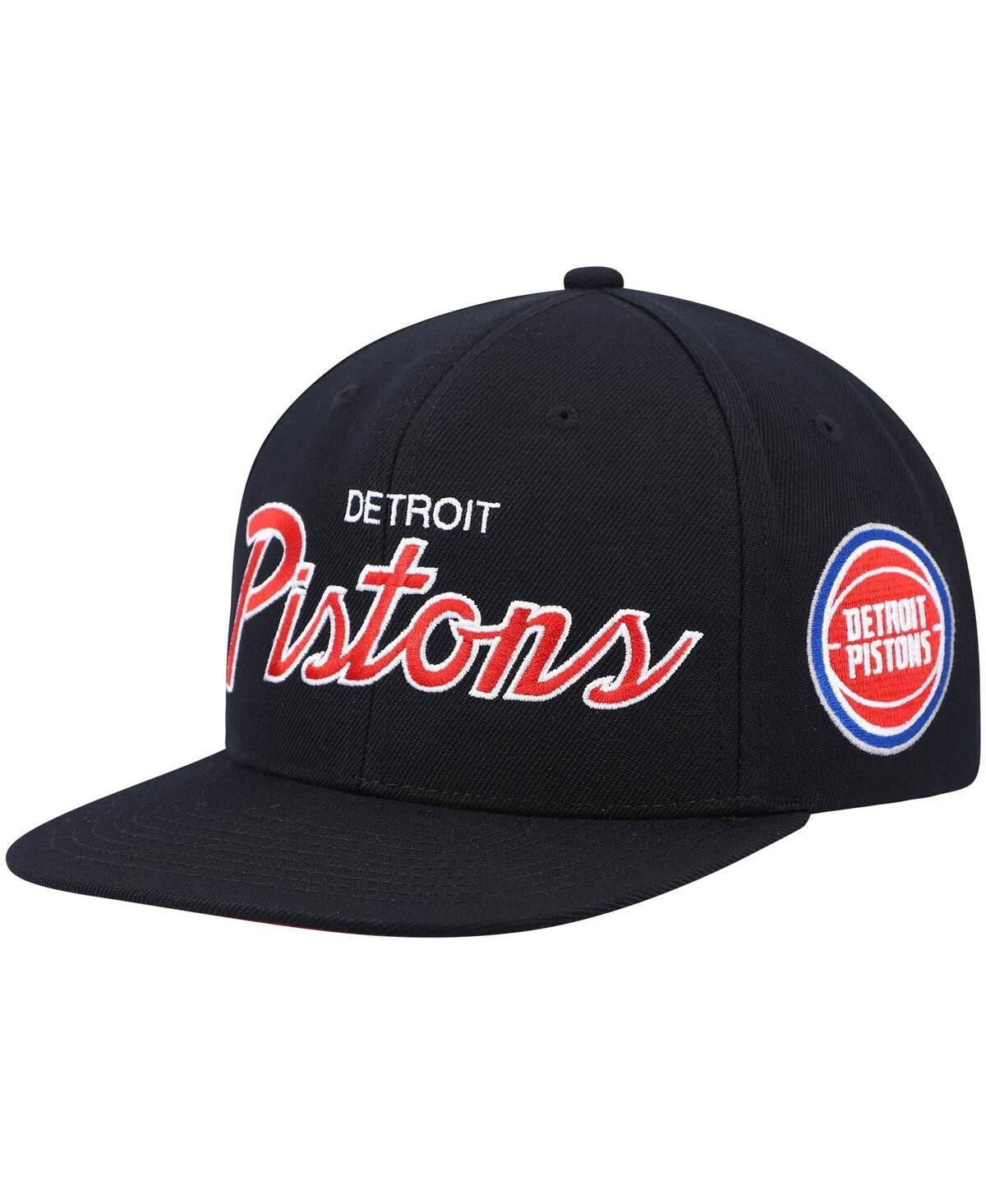 Mens Mitchell & Ness Black Detroit Pistons Hardwood Classics Script 2.0 Snapback Hat Product Image