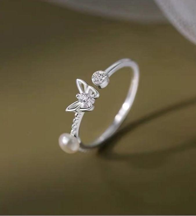 925 Sterling Silver Rhinestone Butterfly Faux Pearl Open Ring Product Image