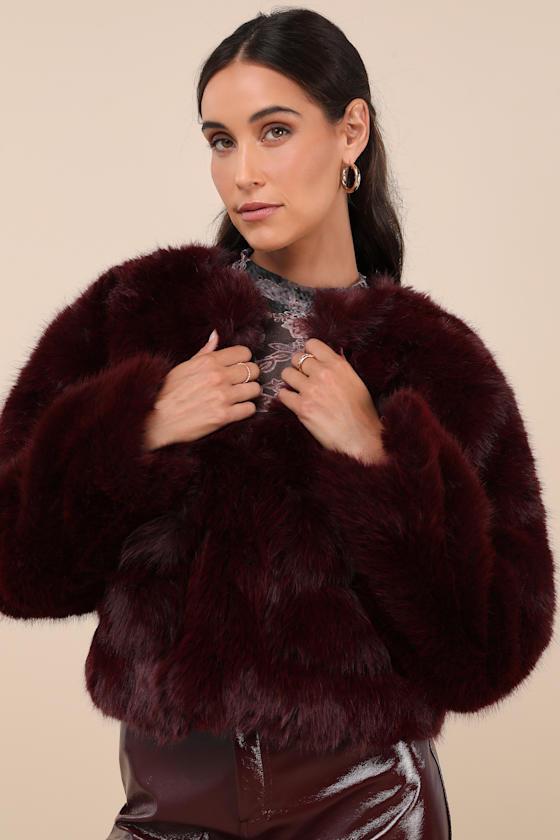 Reysha Burgundy Faux Fur Cropped Jacket Product Image