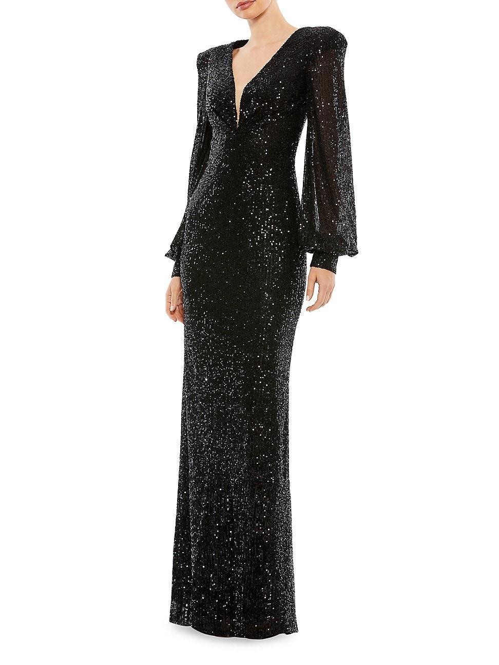 Womens Sequined Blouson-Sleeve Plunge Gown Product Image