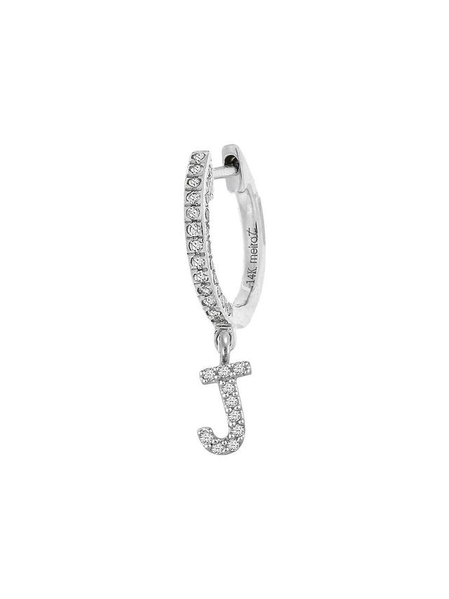 Womens 14K White Gold Diamond Intial Single Huggie Hoop Earring Product Image