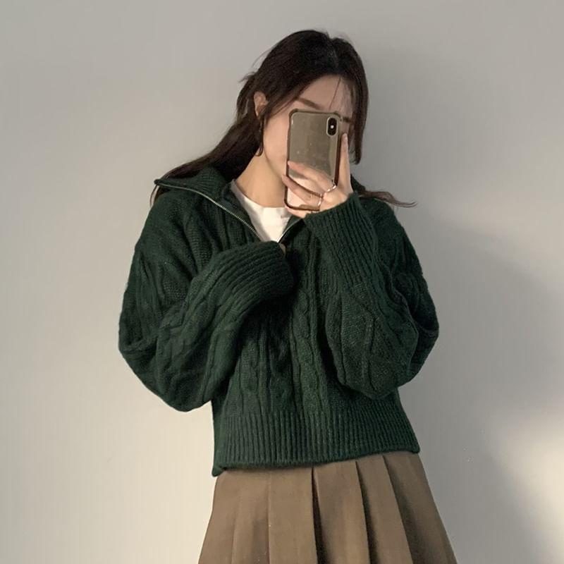 Long-Sleeve Plain Half-Zip Cable Knit Sweater Product Image