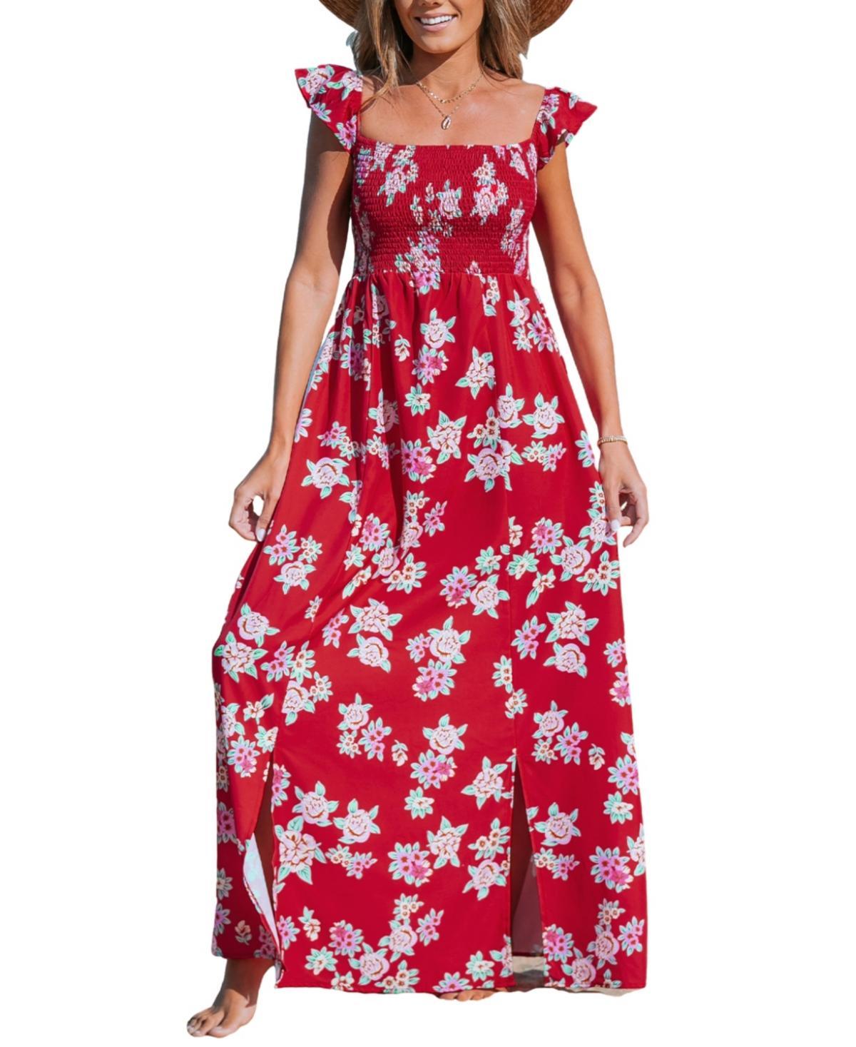 Cupshe Womens Red Floral Off-Shoulder Flutter Sleeve Maxi Beach Dress Product Image