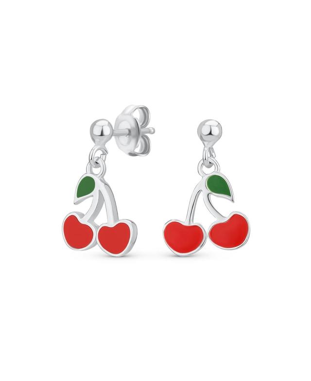 Bling Jewelry Small Summer Food Fruit Red Enamel Cherry Drop Earrings For Women Sterling Silver Product Image