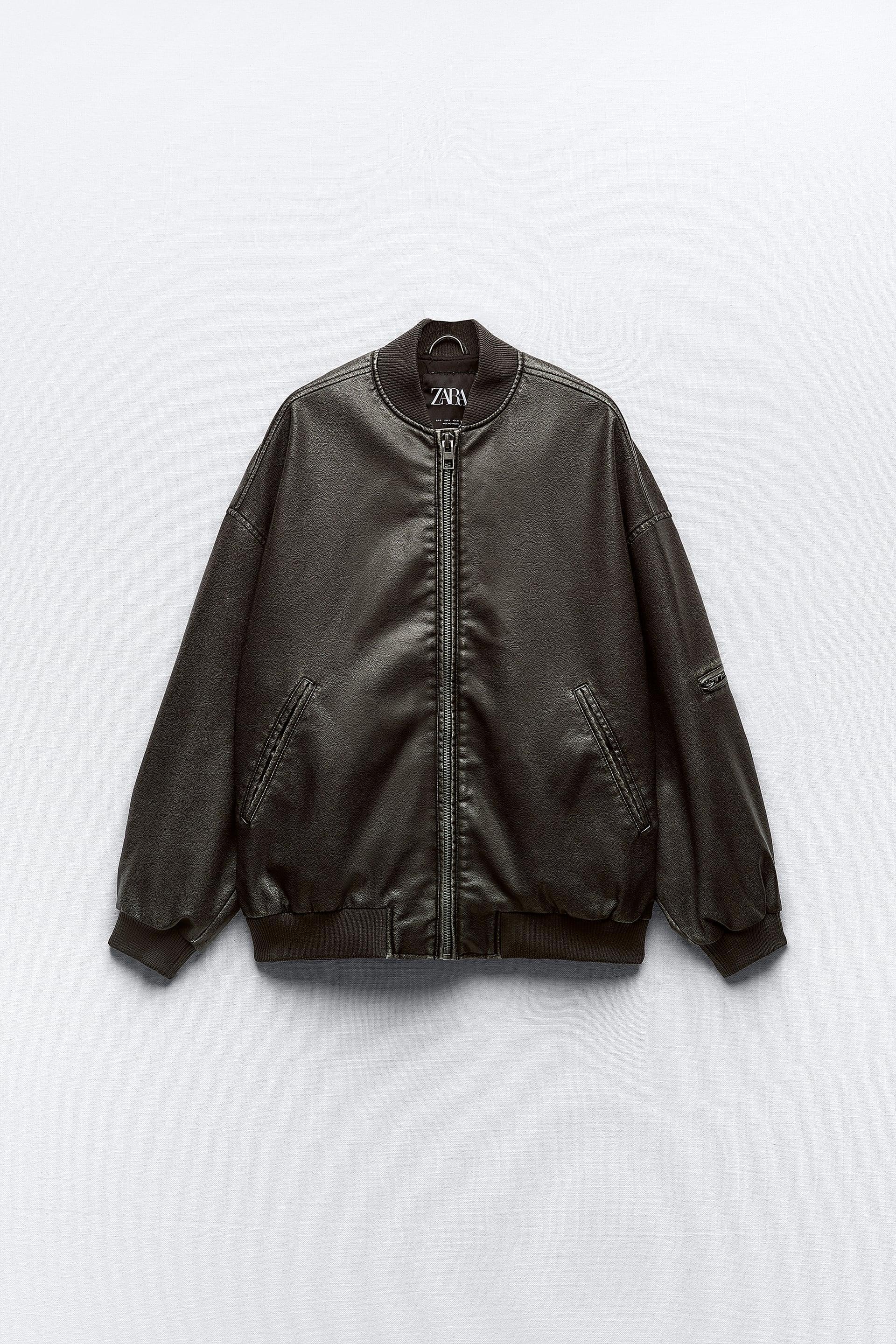 DISTRESSED FAUX LEATHER OVERSIZED BOMBER JACKET Product Image