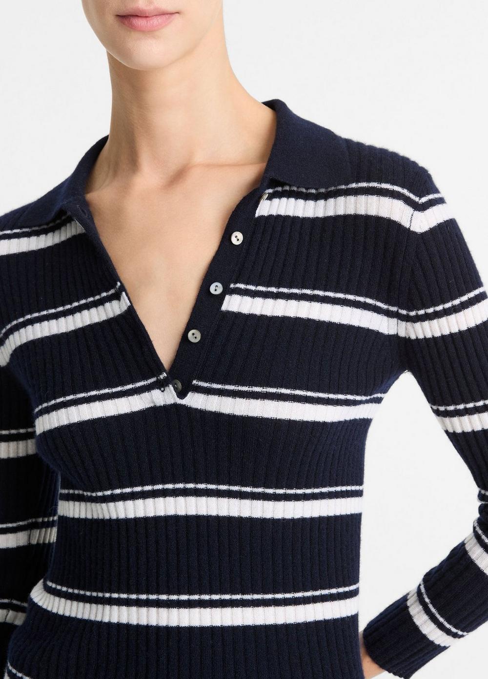 Womens Striped Cashmere-Blend Polo Sweater, Coastal Blue/off White, Size L Vince Product Image