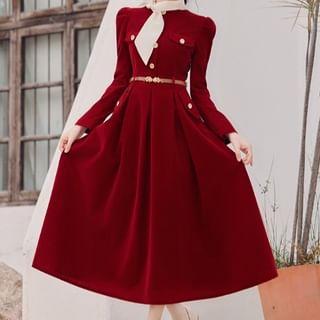 Long-Sleeve Scarf Neck Button Accent Pleated Velvet Maxi A-Line Dress Product Image