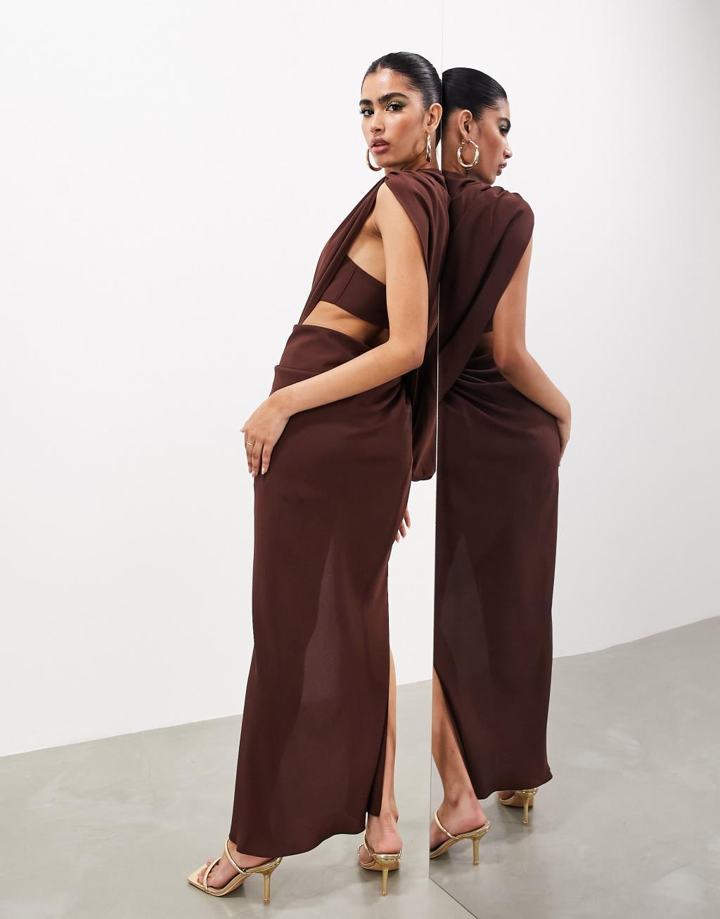 ASOS EDITION draped one sleeve maxi dress in chocolate brown Product Image