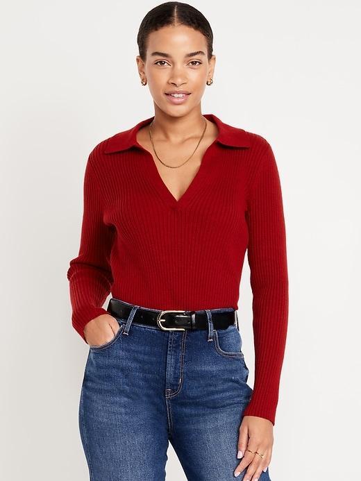 Ribbed Crop Polo Sweater Product Image