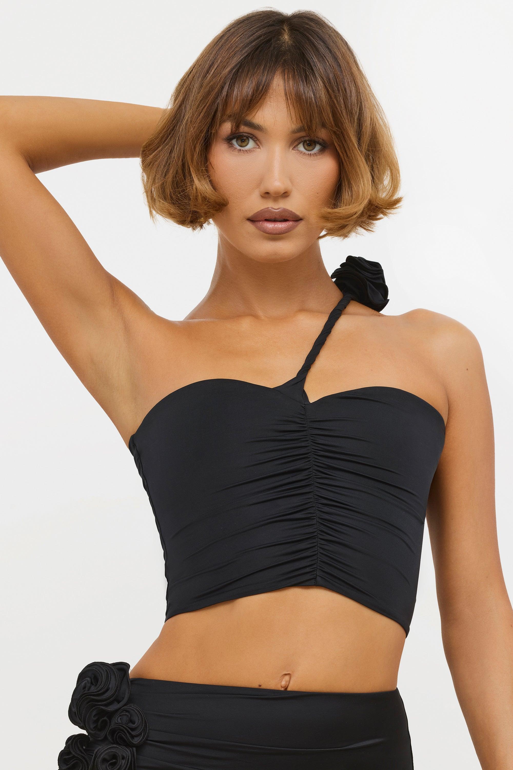 Slinky Jersey Rose Detail Asymmetric Top in Black product image