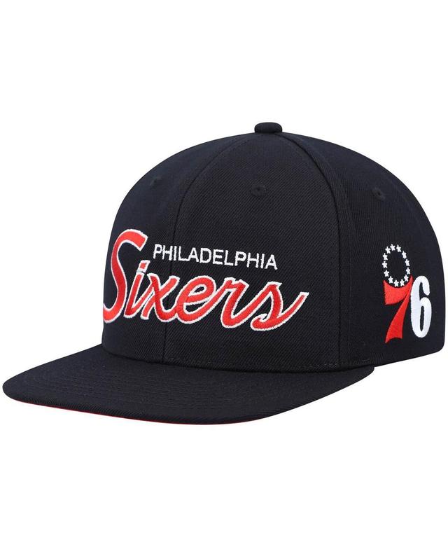 Mens Mitchell & Ness Black Philadelphia 76ers Hardwood Classics Script 2.0 Snapback Hat Product Image