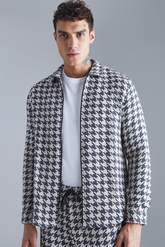 Long Sleeve Brushed Houndstooth Zip Overshirt | boohooMAN USA Product Image