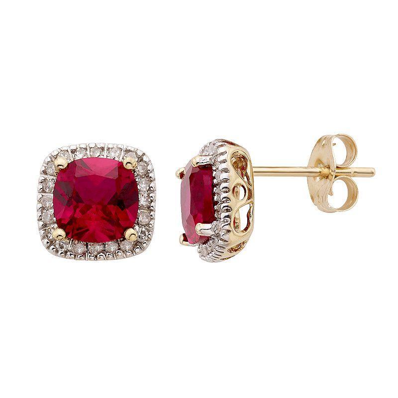 Lab-Created Ruby and 1/6 Carat T.W. Diamond 10K Gold Halo Button Stud Earrings, Womens, Red Product Image