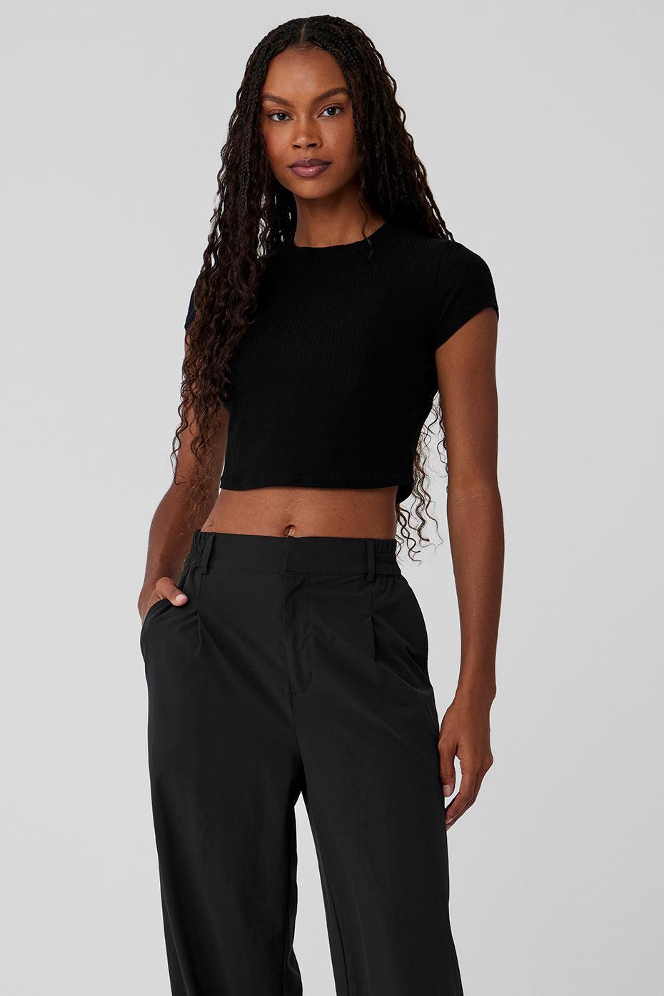 Ribbed Sea Coast Cropped Short Sleeve Tee - Black Female product image