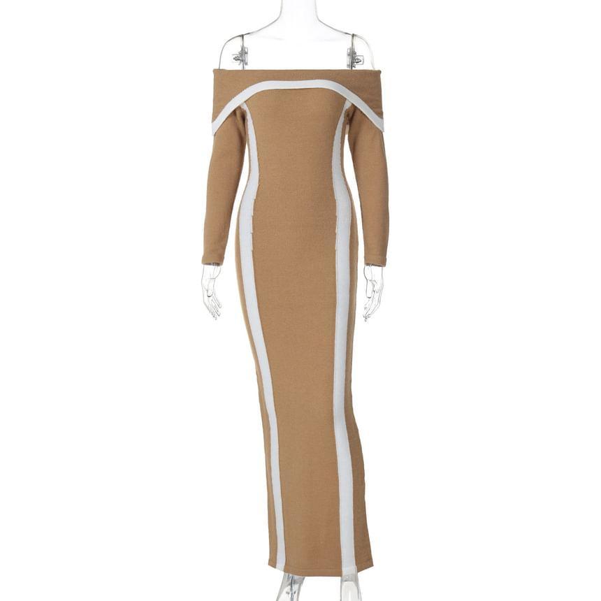 Long-Sleeve Off-Shoulder Contrast Trim Maxi Sheath Knit Dress Product Image