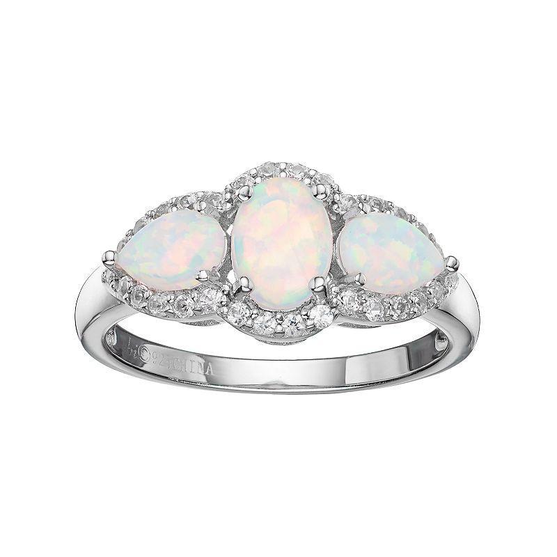 Gemminded Sterling Silver Lab-Created White Opal & White Topaz 3-Stone Halo Ring, Womens Product Image