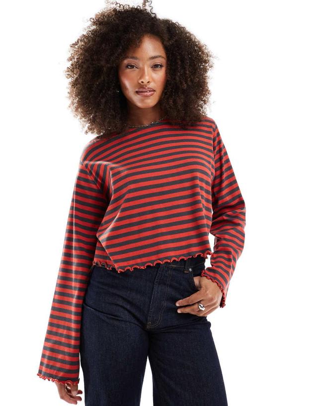 ASOS DESIGN lettuce hem long sleeve t-shirt in red and gray stripe Product Image