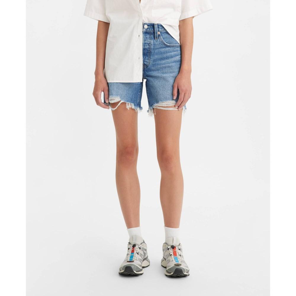 Levis 501 Button Fly Mid Thigh Distressed Denim Shorts Product Image