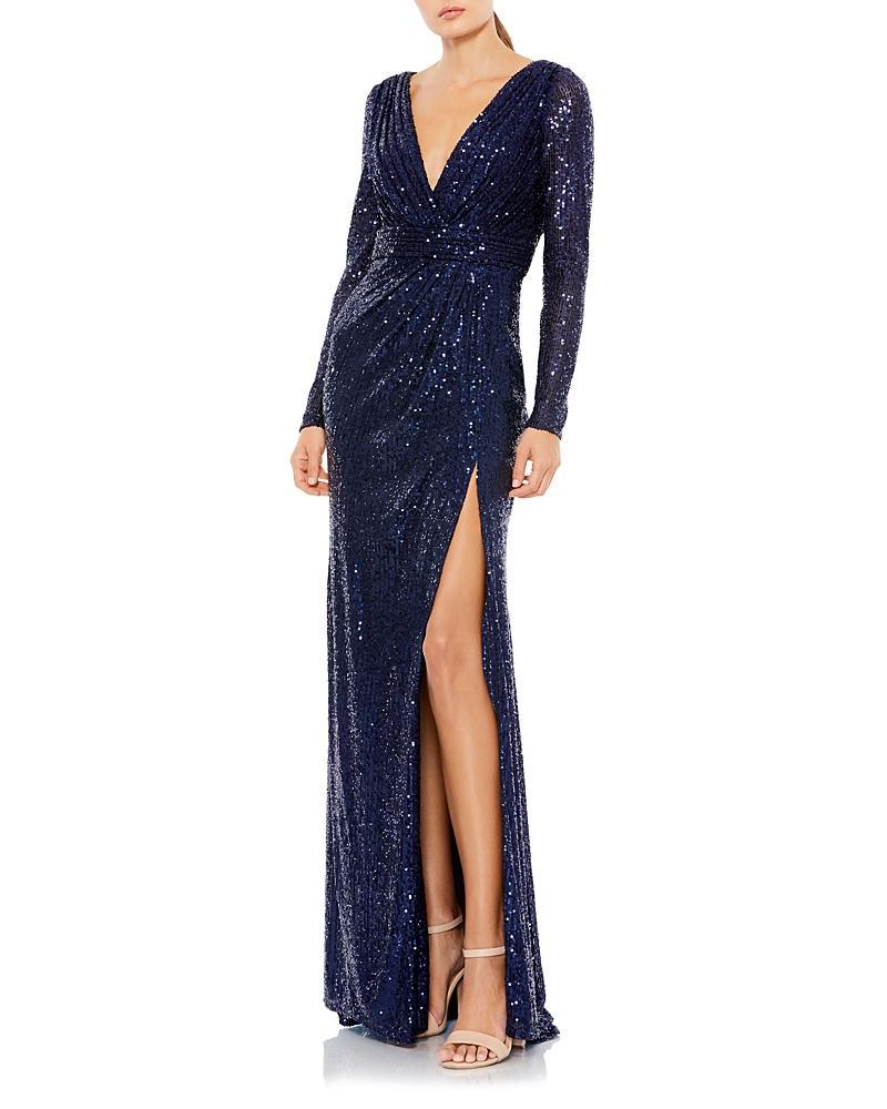 Mac Duggal Sequin Long Sleeve Faux Wrap Gown Product Image