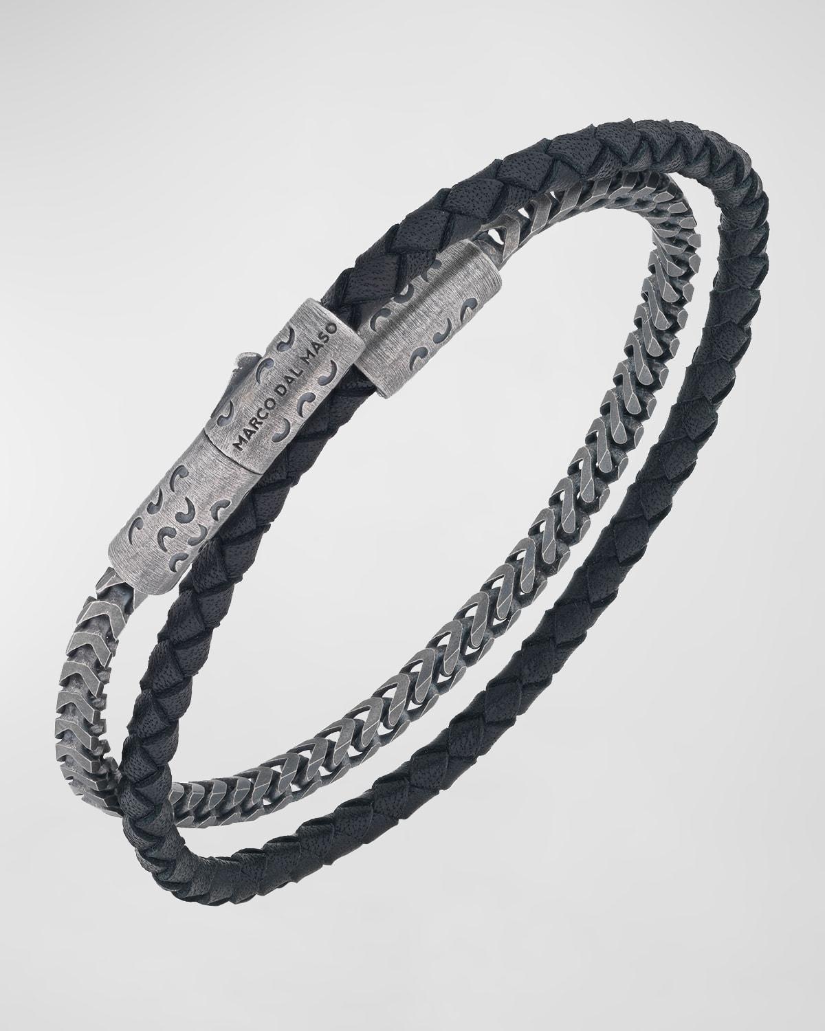 Mens Lash Sterling Silver Chain & Leather Double Wrap Bracelet Product Image