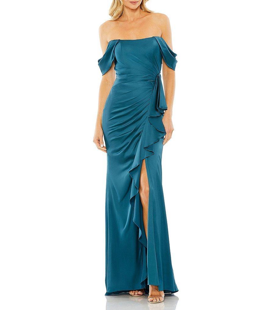 Mac Duggal Satin Off The Shoulder Bustier Ruched Ruffle Gown Product Image