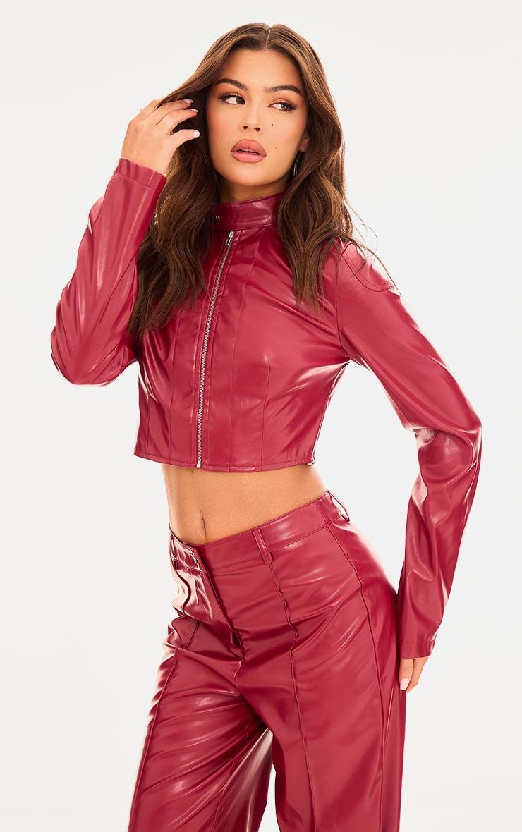 Red Faux Leather Biker Jacket Product Image