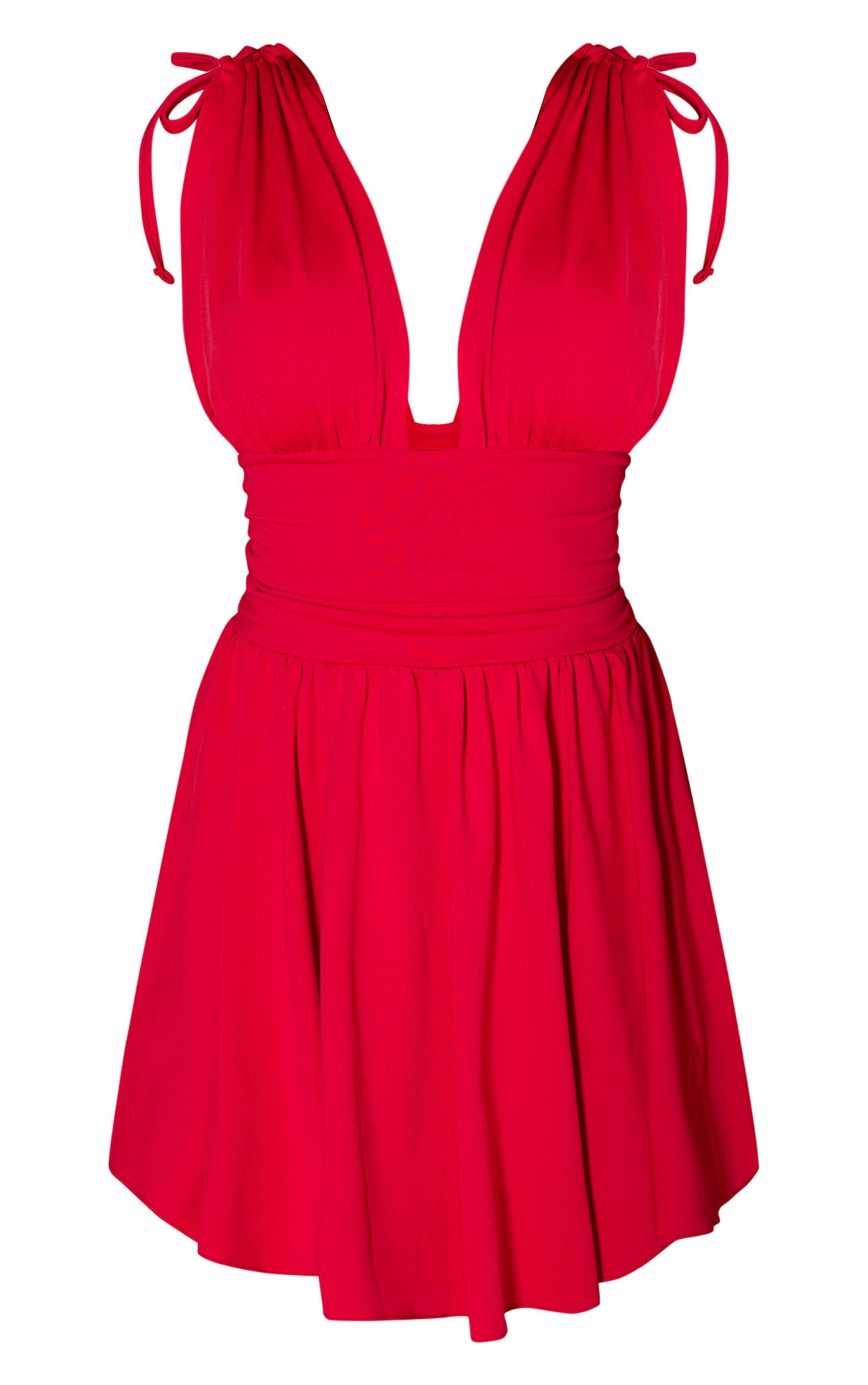 Red Jersey Plunge Neck Shift Dress Product Image