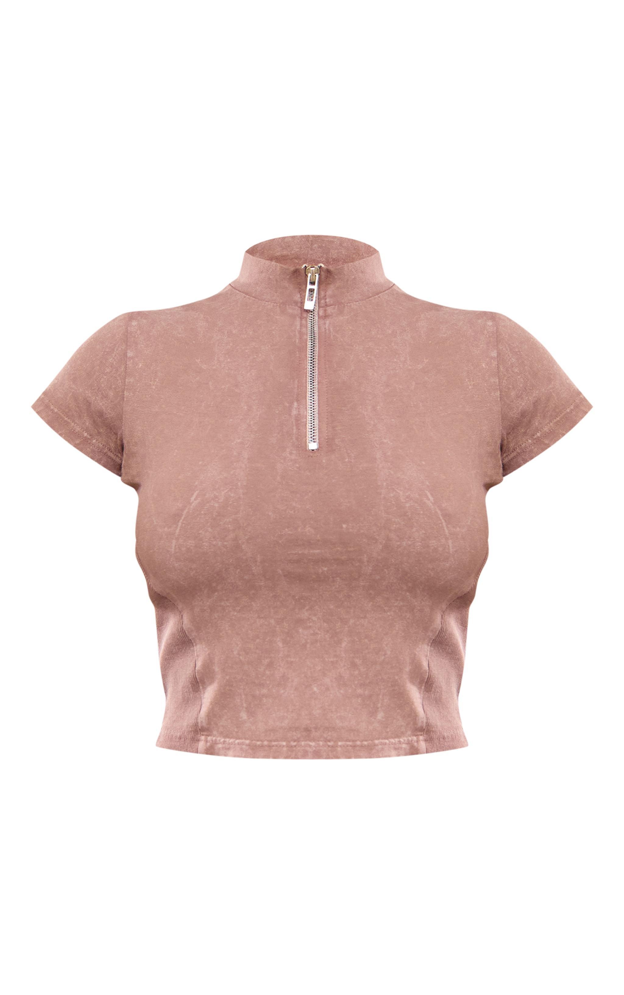  Taupe Washed Zip Up Rib Panel Top Product Image