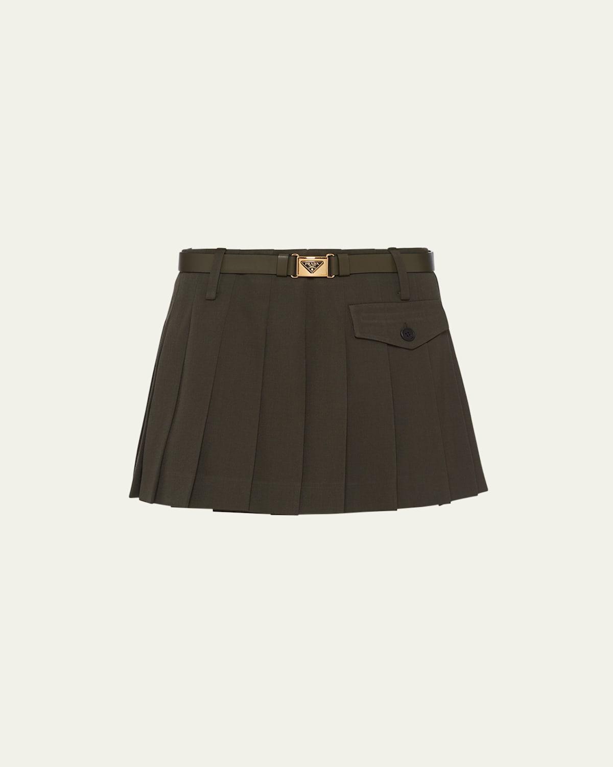 Pleated Gabardine Leather Belted Mini Skirt Product Image