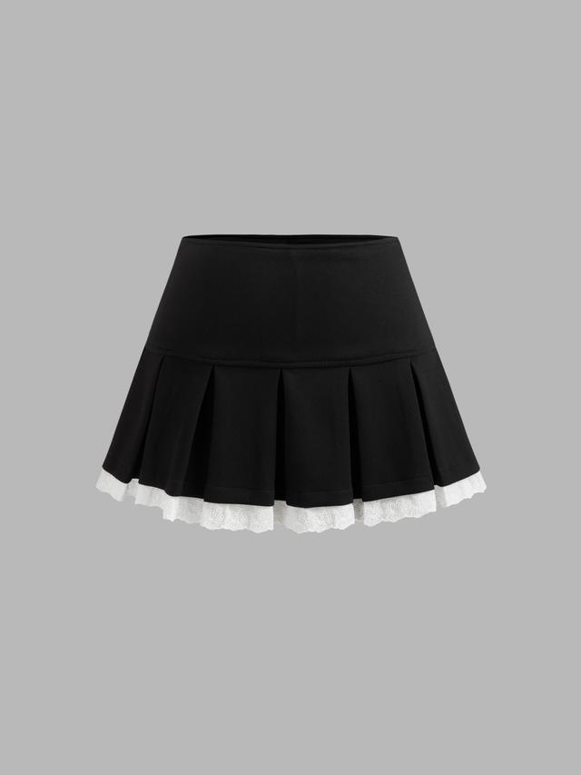 Mid Rise Solid Pleated Broderie Anglaise Hem Mini Skirt Product Image