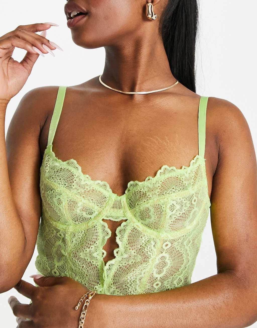 ASOS DESIGN Rosie lace underwire bodysuit in lime Product Image