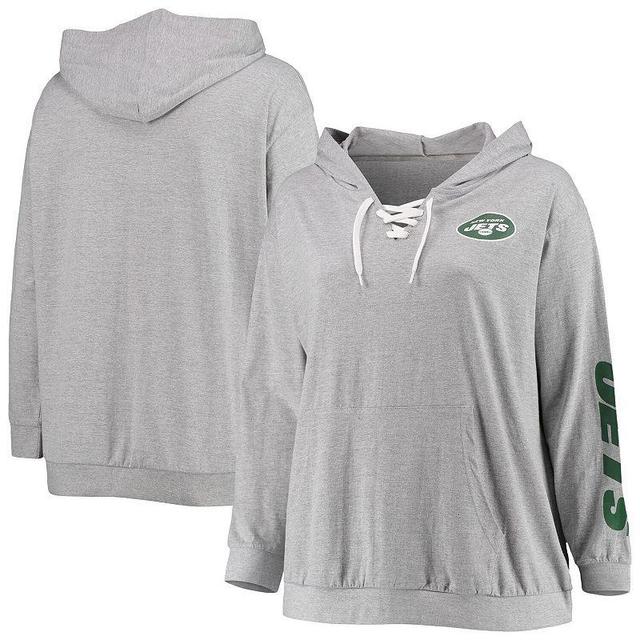 Womens Fanatics Branded Heathered Gray New York Jets Plus Size Lace-Up Pullover Hoodie Product Image