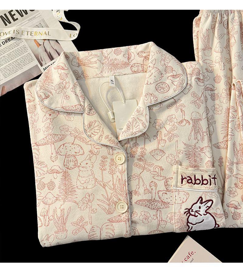 Pajama Set: Long-Sleeve Rabbit Print Top + Pants Product Image