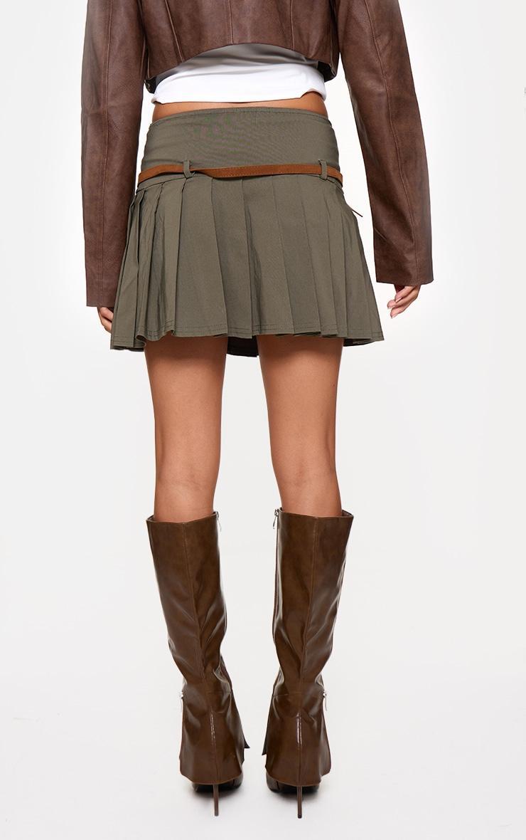  Khaki Stretch Woven Belt Detail Pleated Mini Skirt product image