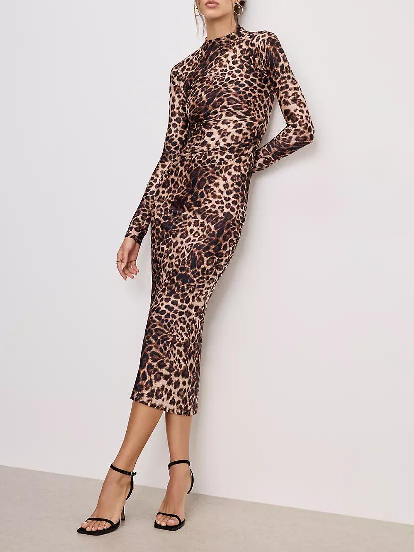 Leopard Print Satin Shine Midi-Dress Product Image