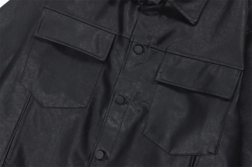 Collared Plain Button-Up Faux Leather Jacket Product Image