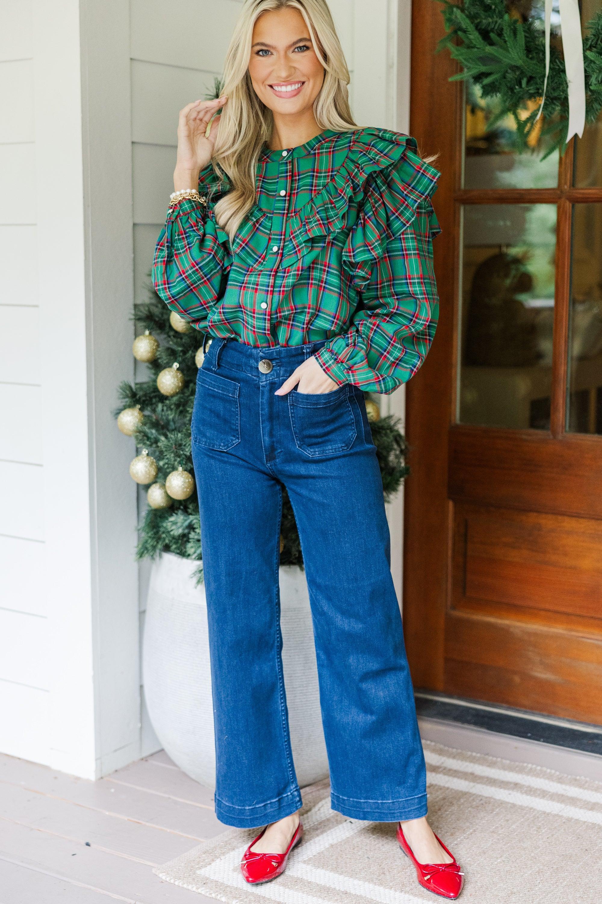 It's All Possible Green Tartan Plaid Button Down Blouse Female Product Image