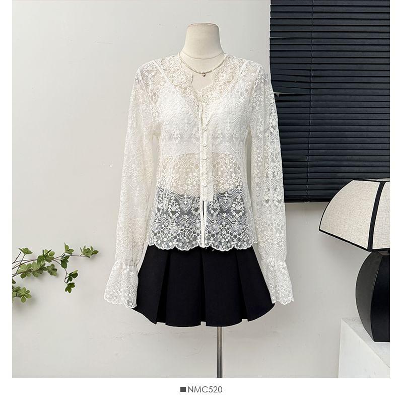 Bell-Sleeve V-Neck Sheer Lace Blouse Product Image