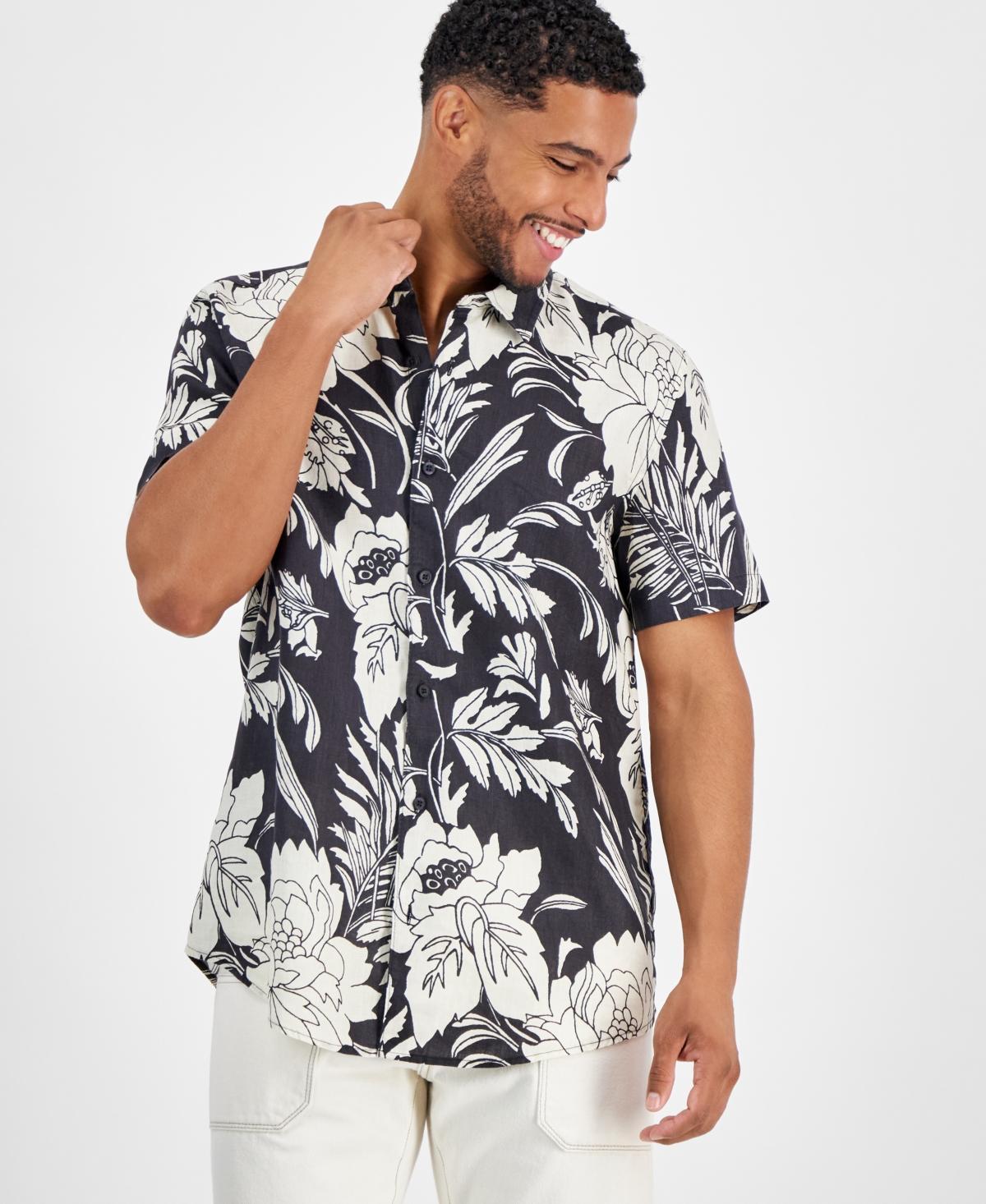 Guess Mens Island Botanical-Print Button-Down Linen Shirt Product Image