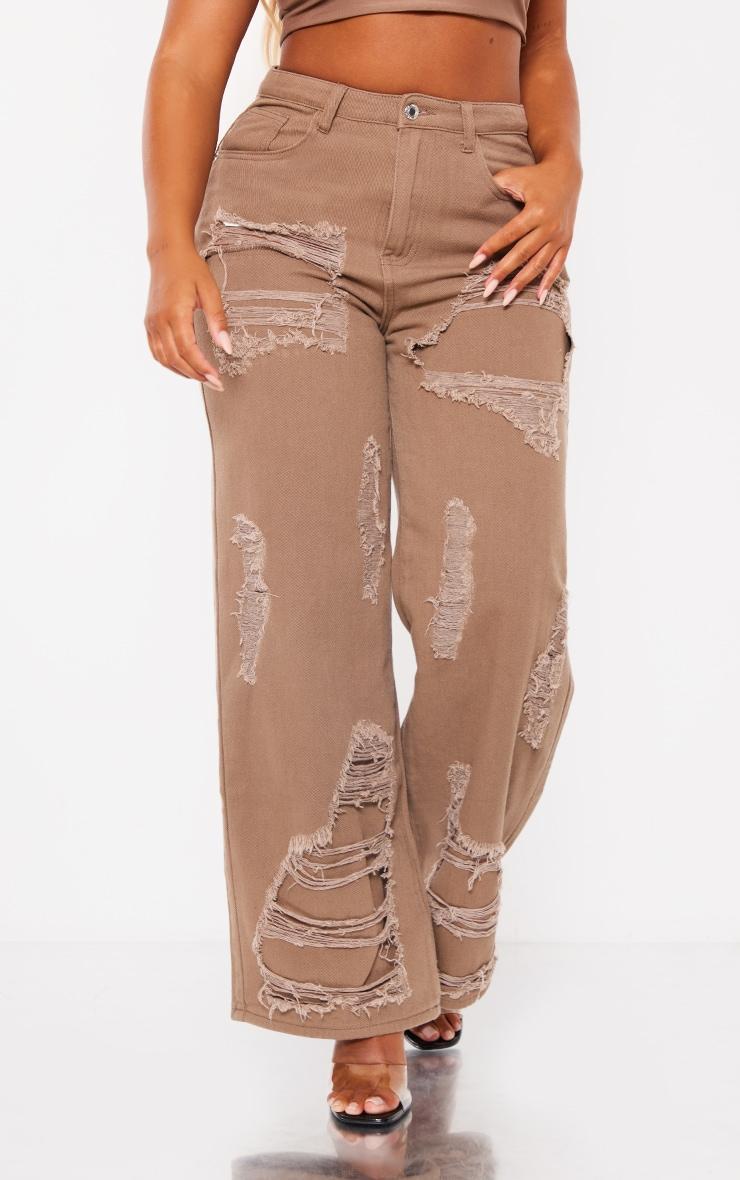 Shape Brown Denim Washed Ripped Wide Leg Jeans Product Image