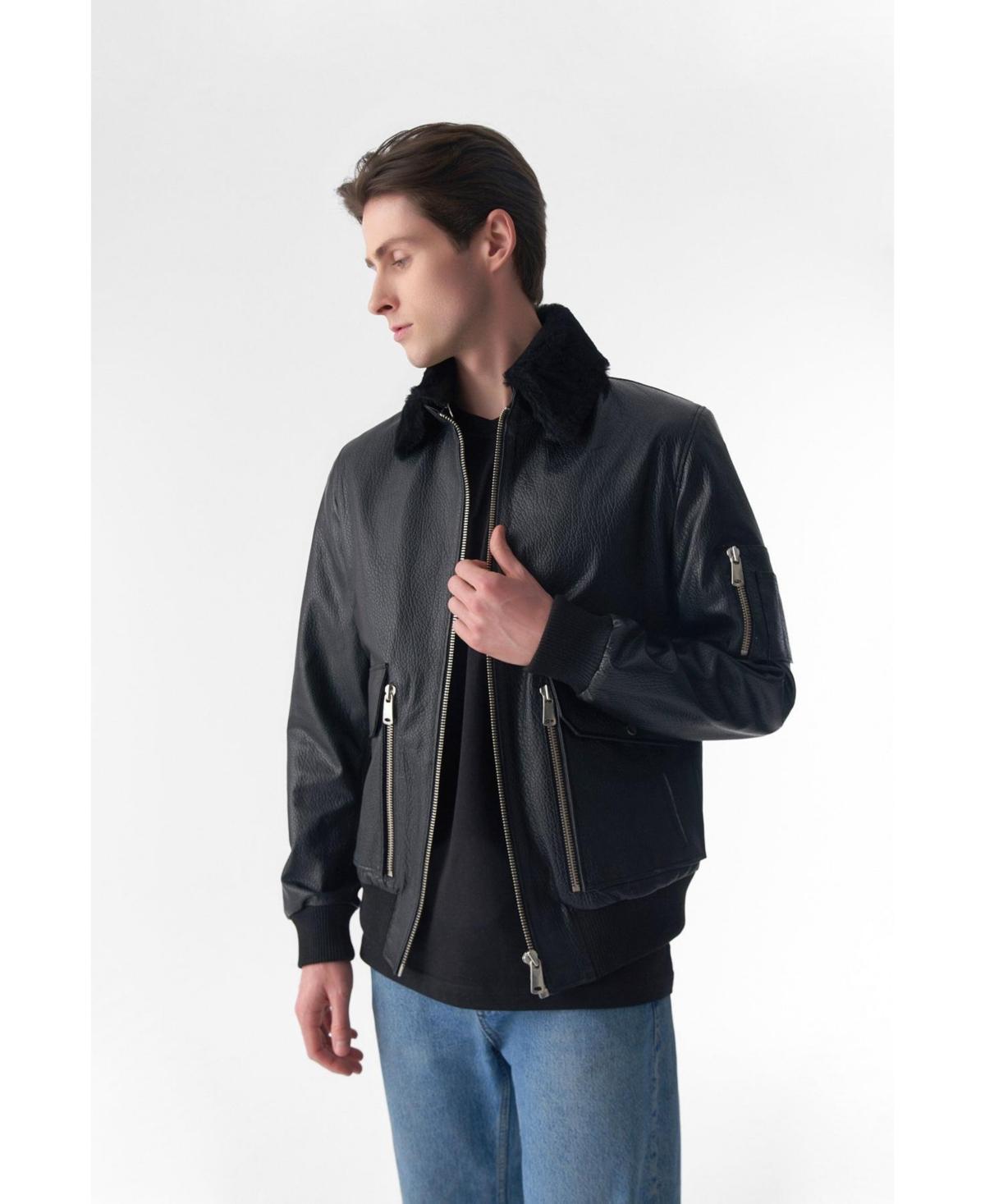 Mens Detachable Shearling Collar Leather Jacket, Jumbo Black Product Image