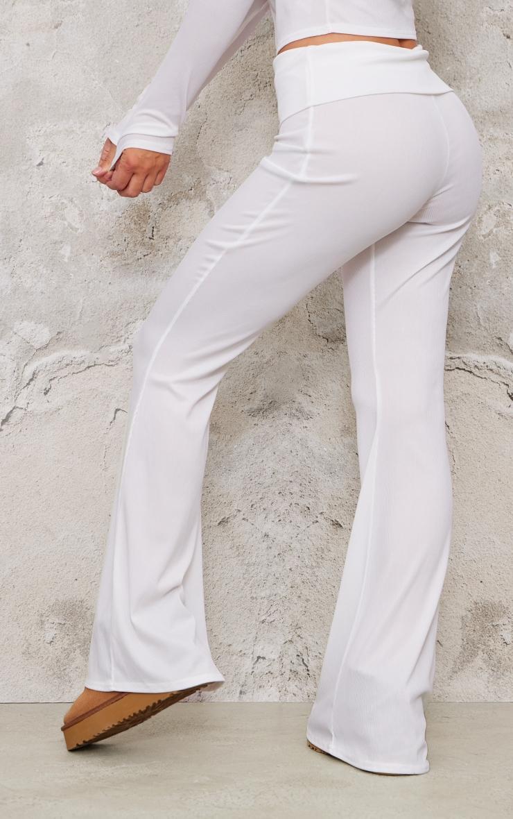 Cream Rib Foldover Low Rise Flared Trousers Product Image