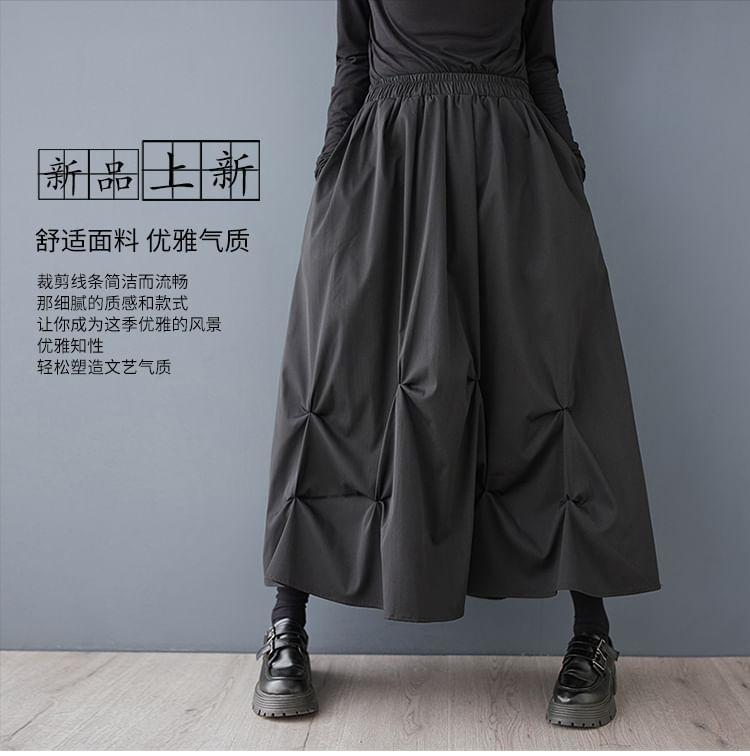 Elastic Waist Plain Asymmetrical Ruched Midi A-Line Skirt Product Image