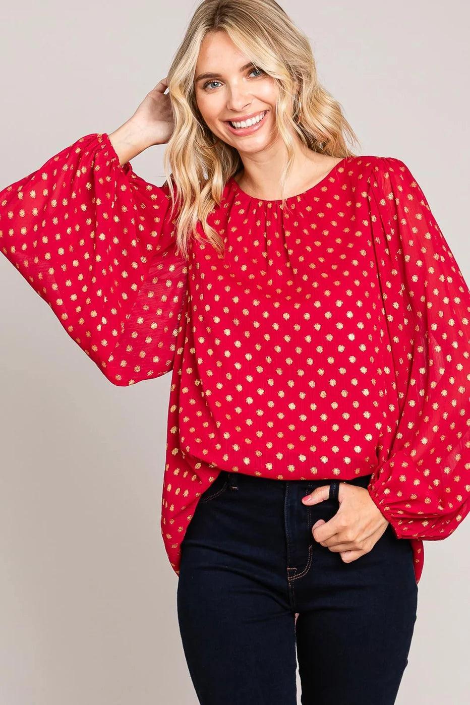 Gold Polka Dot Chiffon Women's Bubble Sleeve Blouse Female Product Image