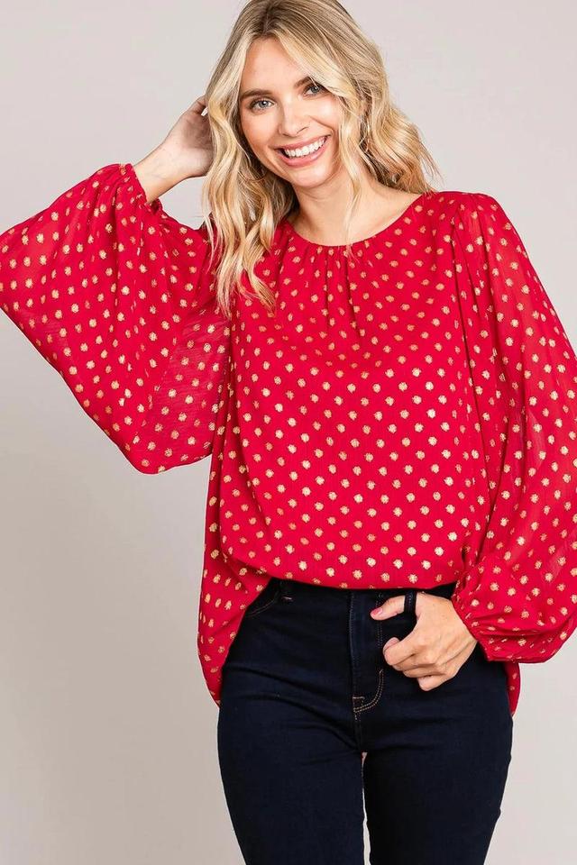 Gold Polka Dot Chiffon Women's Bubble Sleeve Blouse Product Image