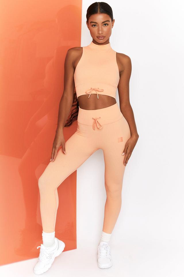 Energise Ribbed Tie Front Full Length Leggings in Peach Female Product Image