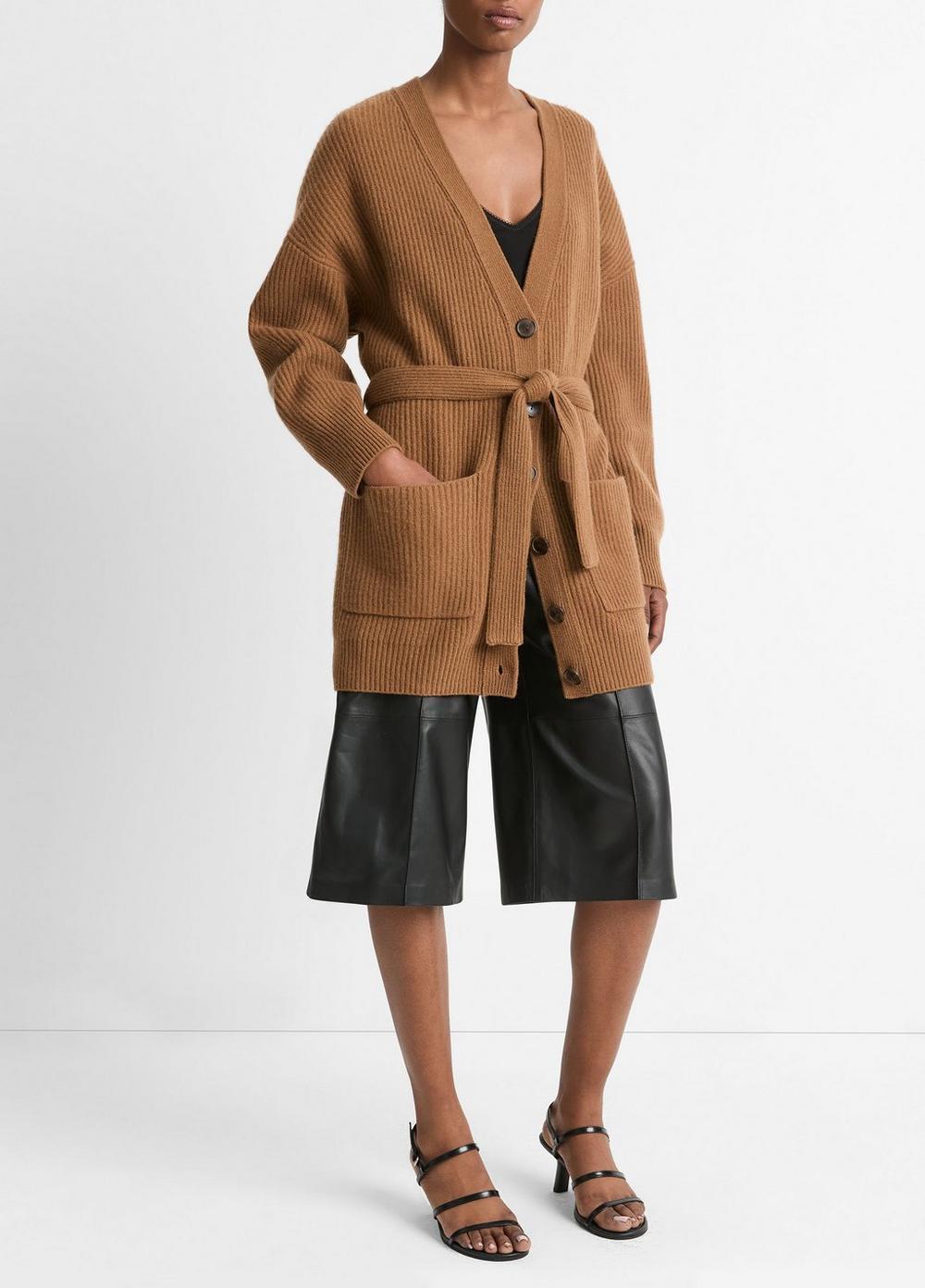 Wool-Cashmere Leather-Belt Ribbed Cardigan Product Image