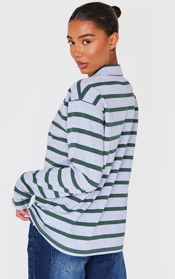 Green Contrast Stripe V Neck Collared Sweatshirt Product Image