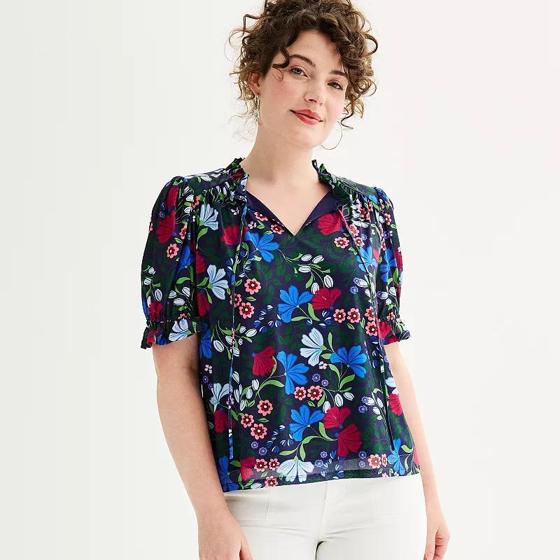 Womens Draper James Elbow Sleeve Tie Front Top Blue Team Floral Product Image