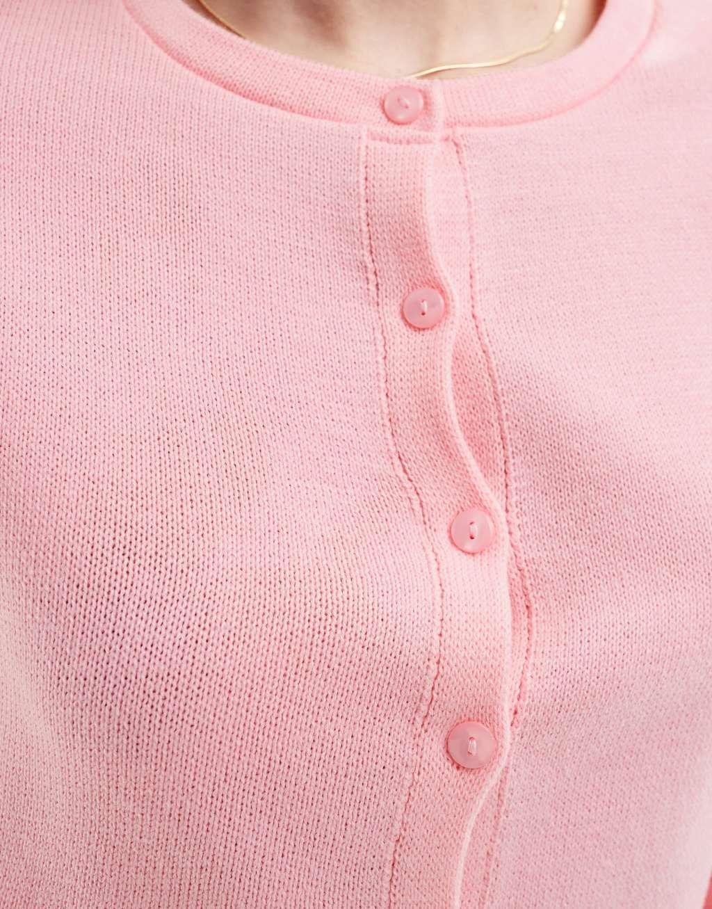 ASOS DESIGN knit crew neck cropped cardigan in pink Product Image